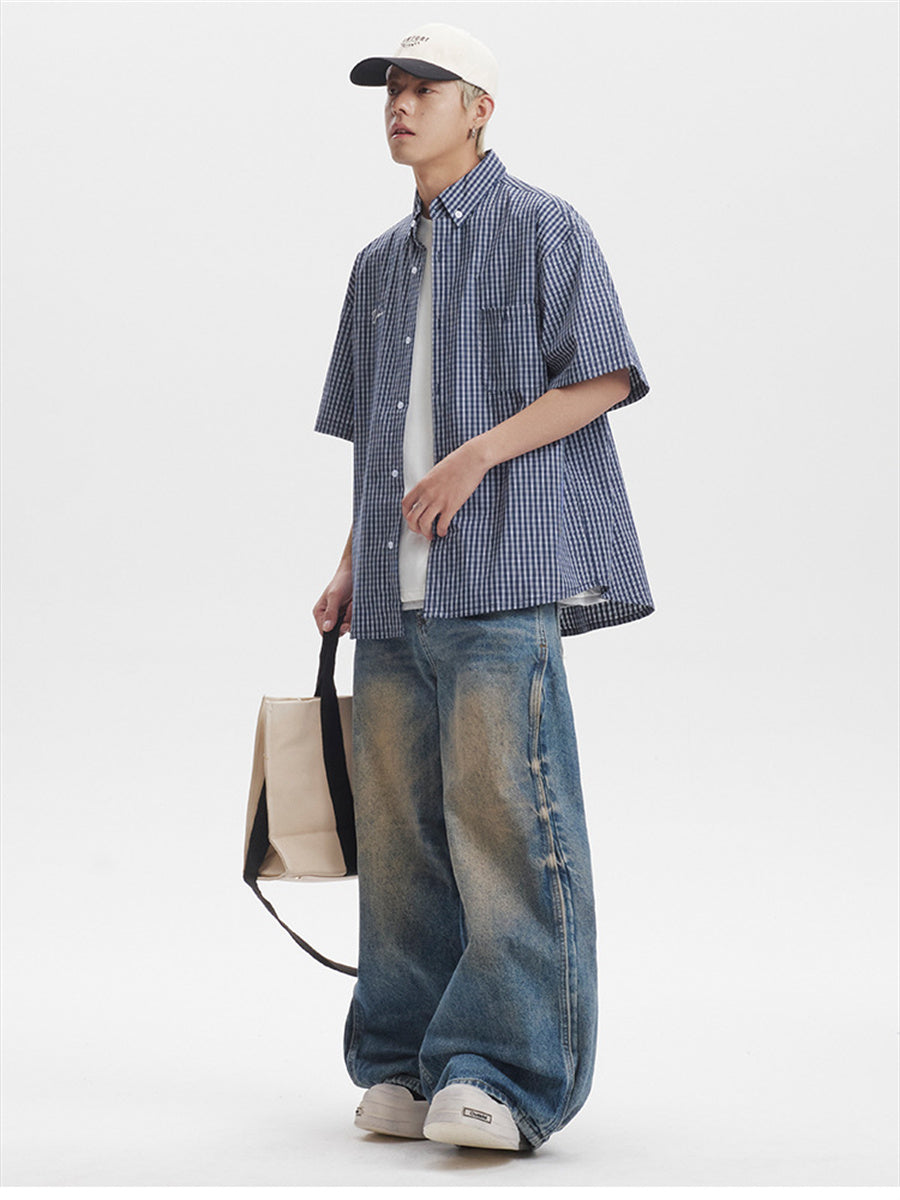 Liber SS Men's Plaid Embroidered Smock Shirt