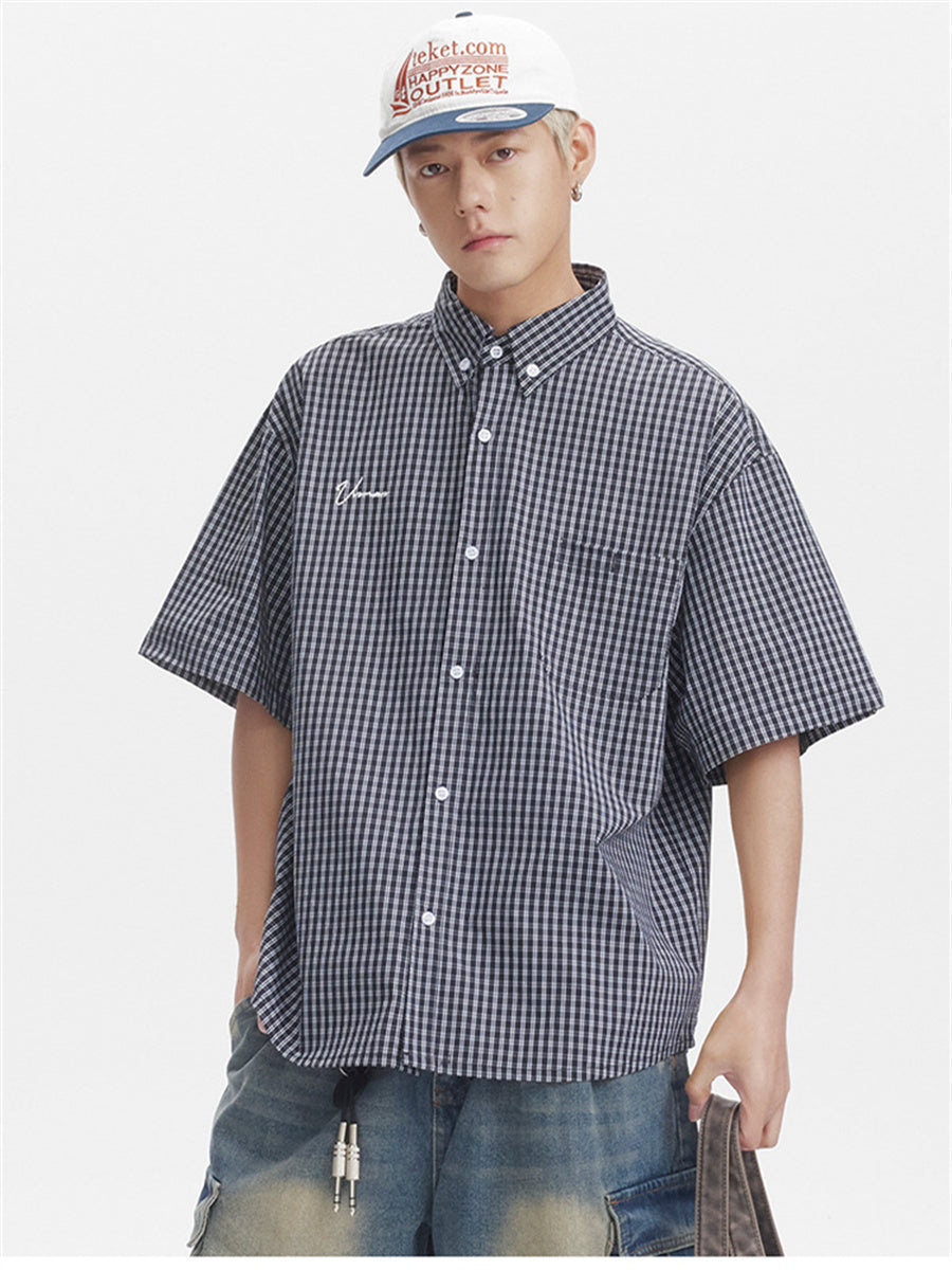 Liber SS Men's Plaid Embroidered Smock Shirt