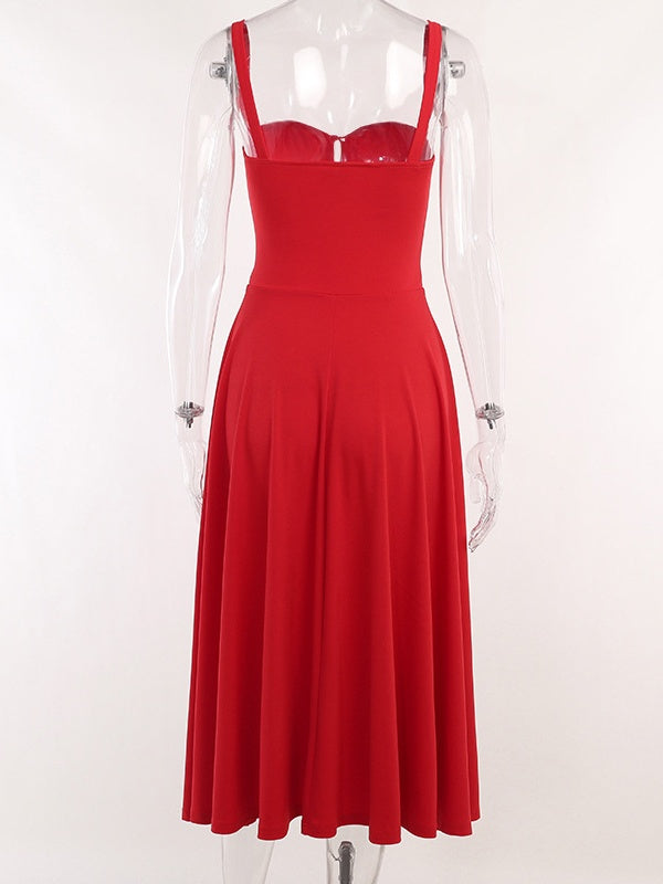 Liber SS Women's Solid Pleated Lace-Up Midi Dress