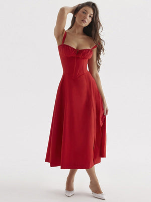 Liber SS Women's Solid Pleated Lace-Up Midi Dress