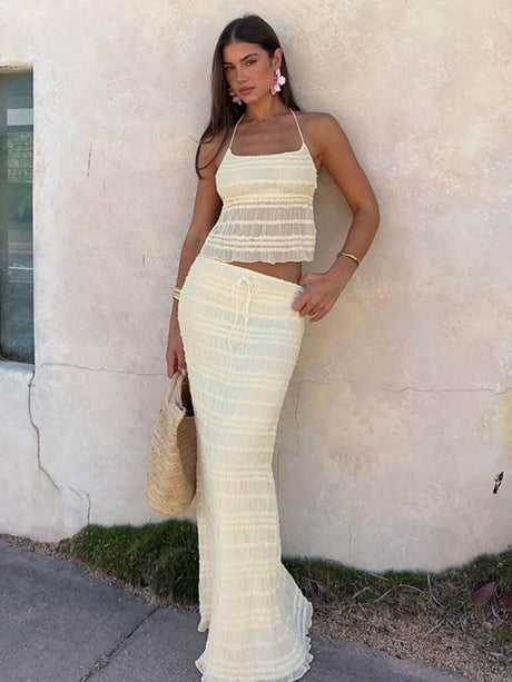 Liber Spring Women's Pleated Solid Color 2-piece Sets