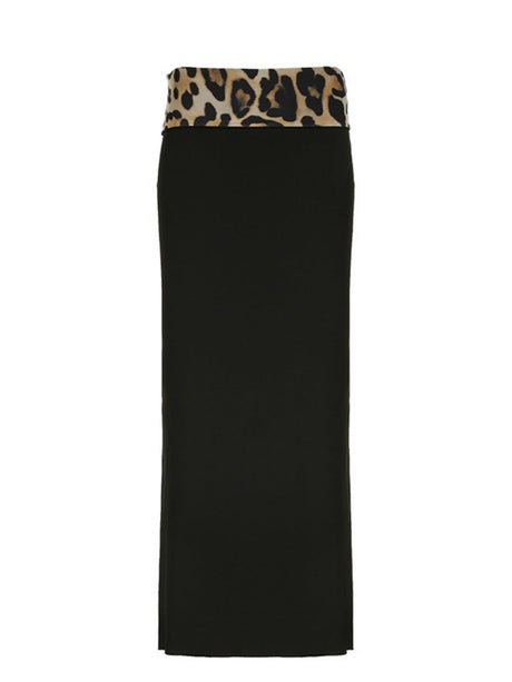 Liber Summer Women's Two-way wear Turned waistband Leopard Slit Leopard Skirts