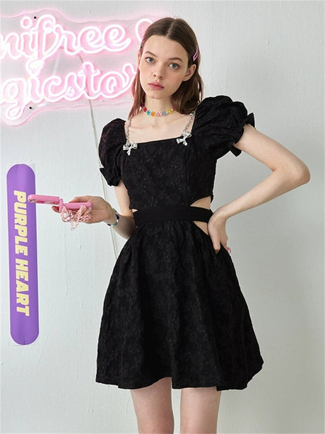 Liber Summer Women's Puff Sleeve Lace Trim Bow Dress