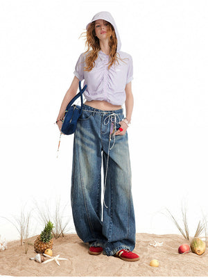 Liber Summer Women's Vintage Washed Wide Leg Jeans