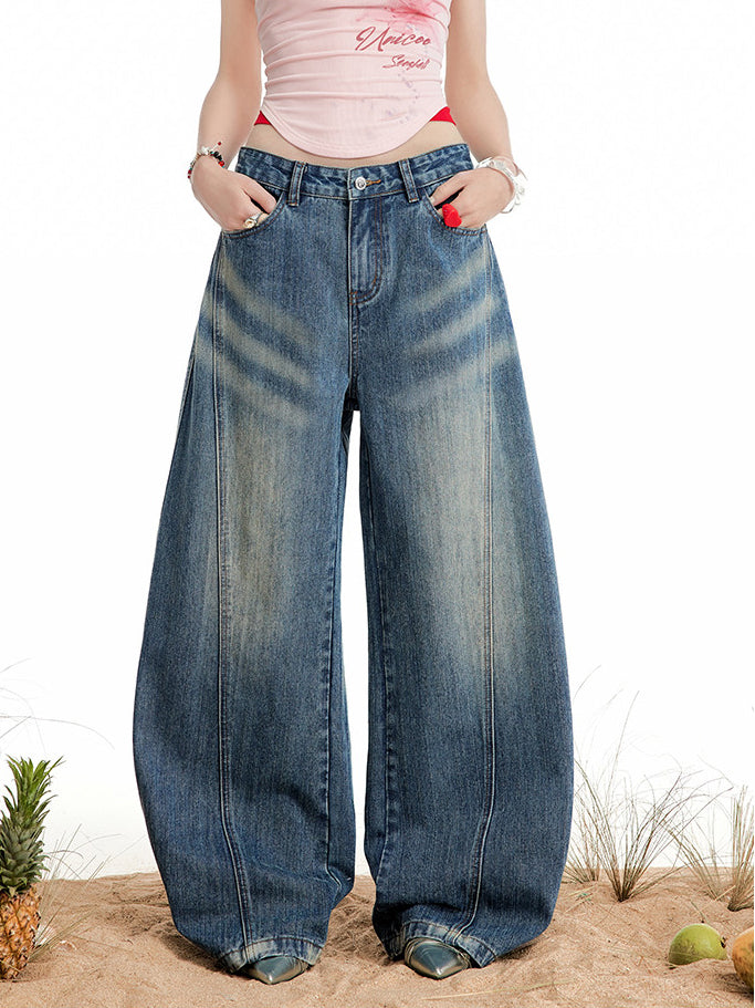 Liber Summer Women's Vintage Washed Wide Leg Jeans